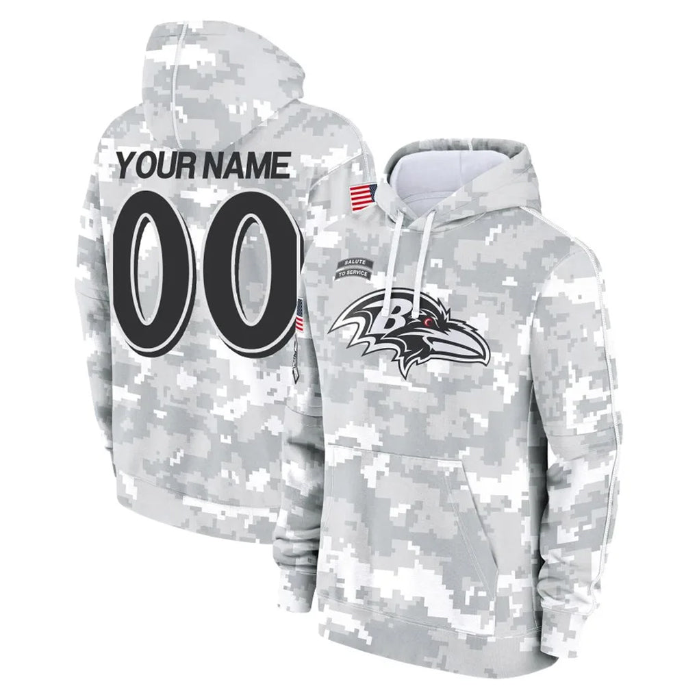 Custom B.Ravens Arctic Camo Salute To Service Hoodie Any Name & Numbers Ndoa Stitched Jerseys