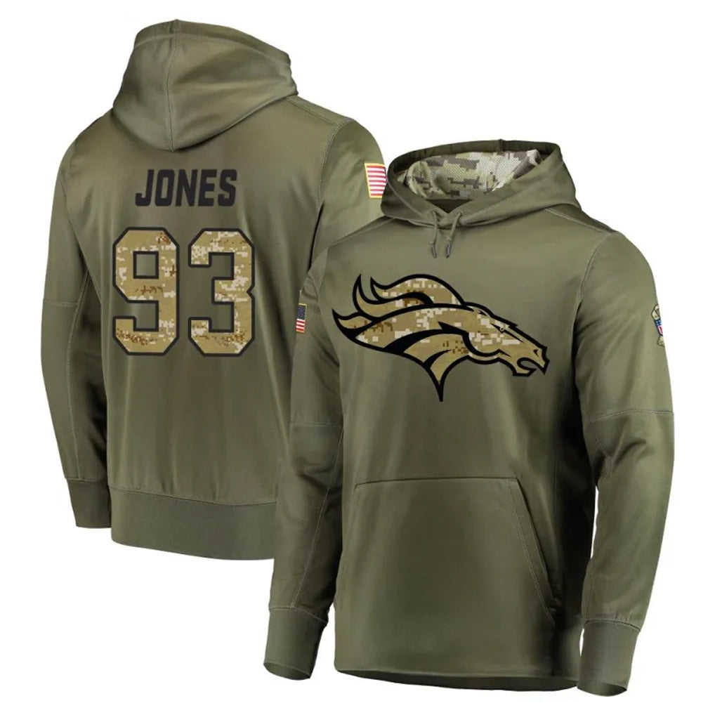 D.Broncos #93 D.J. Jones Player Olive Salute to Service Pullover Hoodies Home Game Ndoa Stitched Jerseys