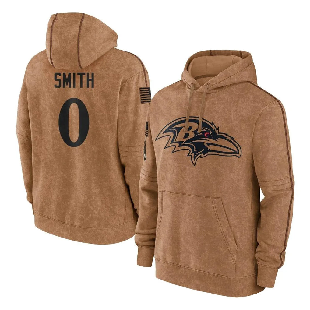B.Ravens #0 Roquan Smith Player Brown Salute to Service Pullover Hoodie Ndoa Stitched Jerseys