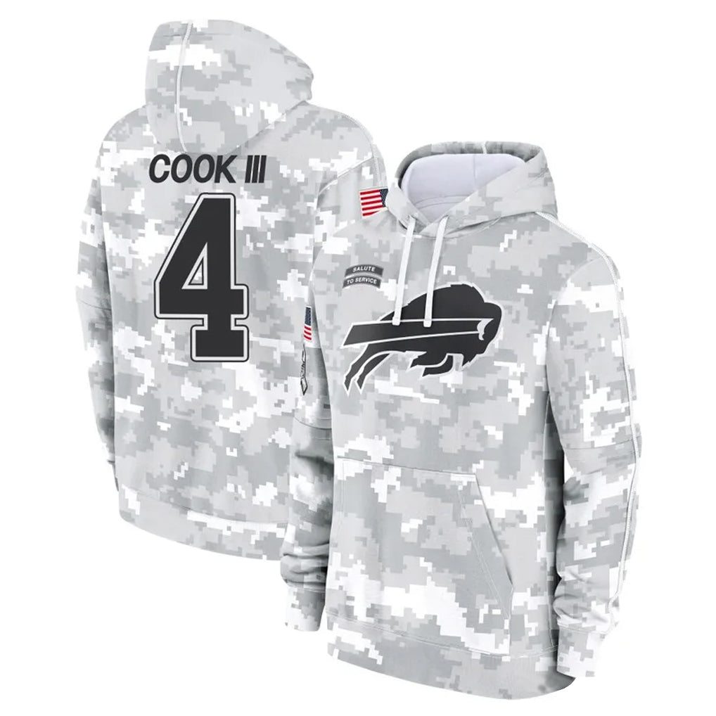 B.Bills #4 James Cook III Player Arctic Camo Salute to Service Hoodies Game Ndoa Stitched Jerseys