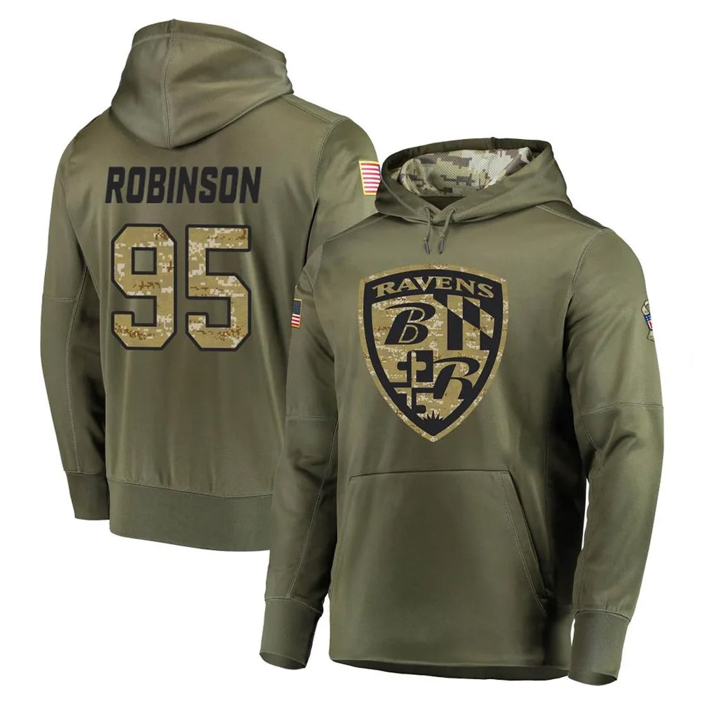 B.Ravens #95 Tavius Robinson Player Olive Salute to Service Pullover Hoodie Ndoa Stitched Jerseys