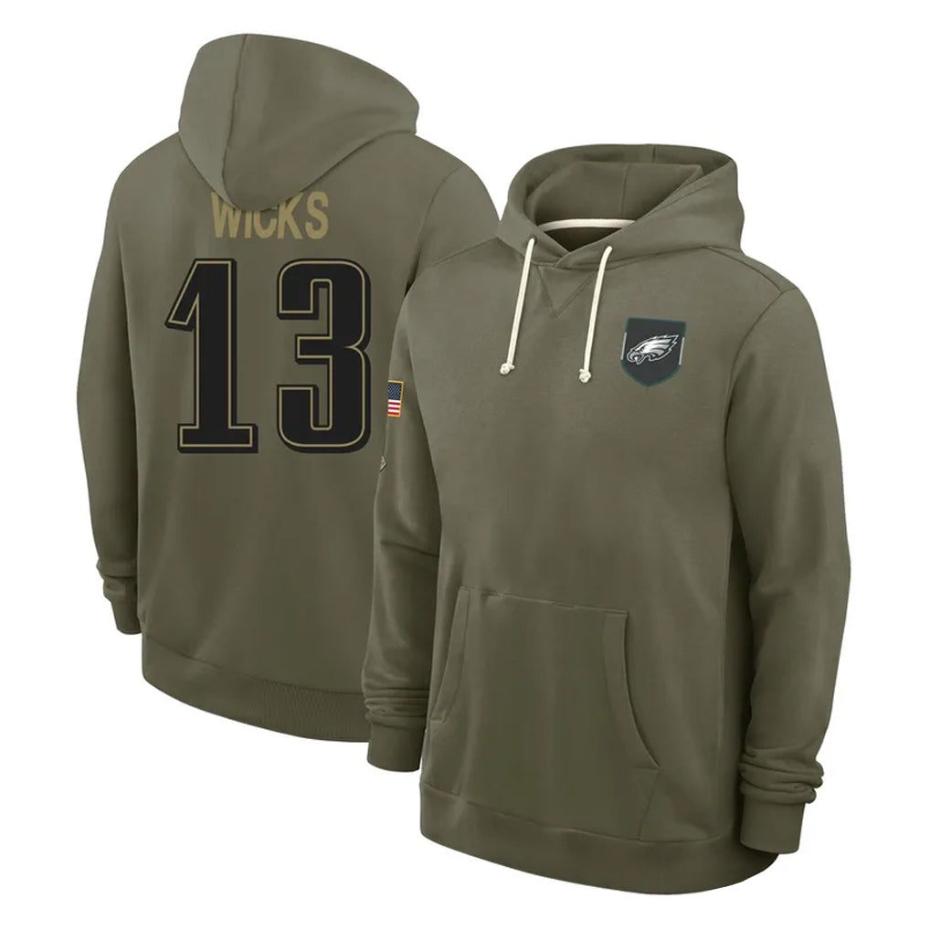 P.Eagles #13 Dontayvion Wicks Player Olive Salute to Service Pullover Hoodies Limited Ndoa Stitched Jerseys