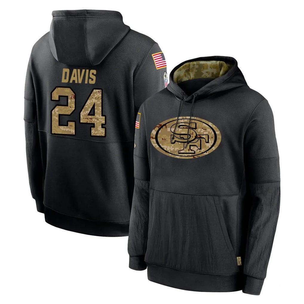 SF.49ers #24 Ashtyn Davis Player Black Salute to Service Pullover Hoodies Home Game Ndoa Stitched Jerseys