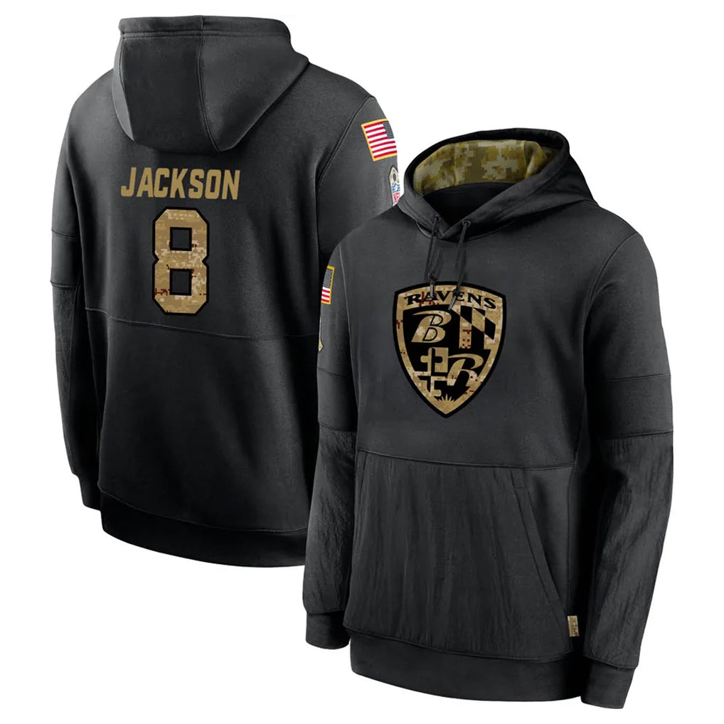 B.Ravens #8 Lamar Jackson Player Black Salute to Service Pullover Hoodie Ndoa Stitched Jerseys