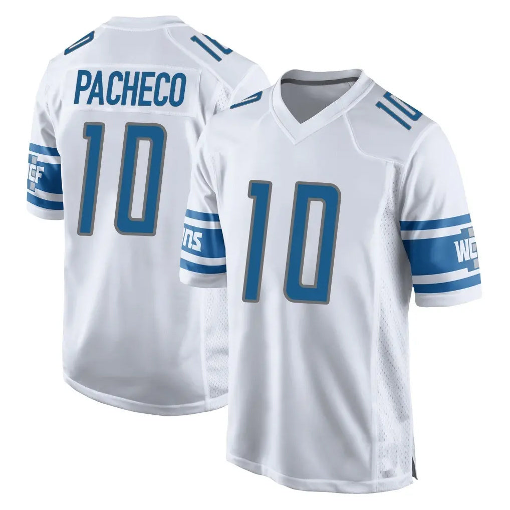 D.Lions #10 Isiah Pacheco Player White Home Game Ndoa Stitched Jerseys
