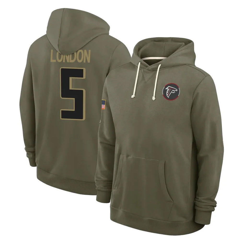 A.Falcons #5 Drake London Player Olive 2025 Salute to Service Hoodies Ndoa Stitched Jerseys