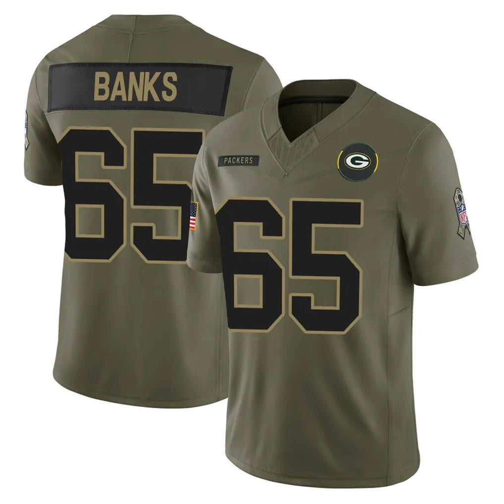 GB.Packers #65 Aaron Banks Player Olive 2025 Salute To Service Limited Home Game Ndoa Stitched Jerseys