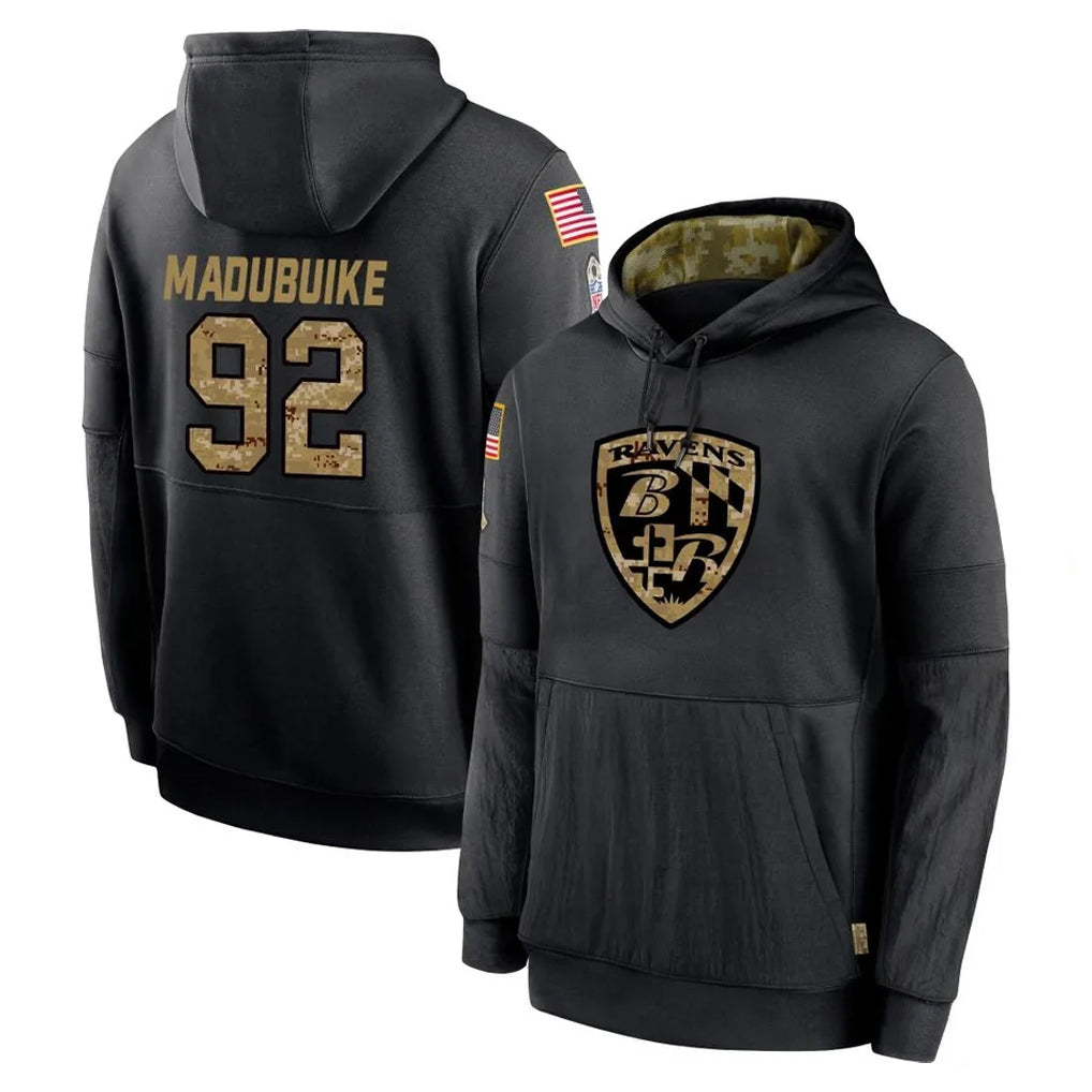B.Ravens #92 Nnamdi Madubuike Player Black Salute to Service Pullover Hoodie Ndoa Stitched Jerseys