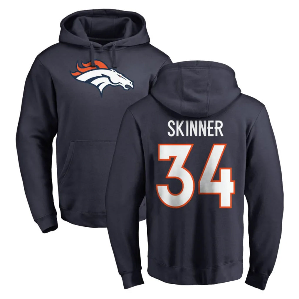 D.Broncos #34 JL Skinner Player Navy Pullover Hoodie Limited Ndoa Stitched Jerseys