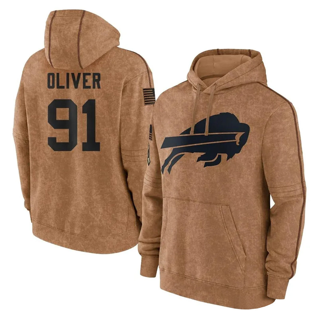 B.Bills #91 Ed Oliver Player Brown Salute to Service Hoodies Ndoa Stitched Jerseys