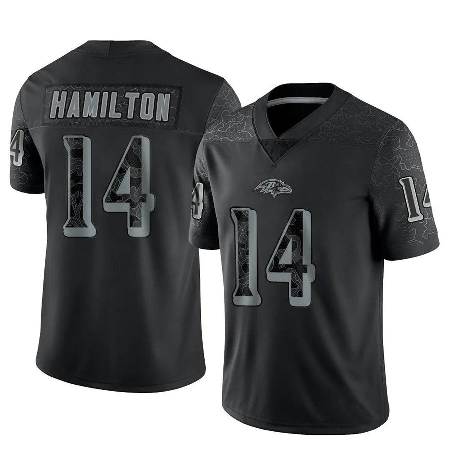B.Ravens #14 Kyle Hamilton Player Black REFLECTIVE Limited Ndoa Stitched Jerseys