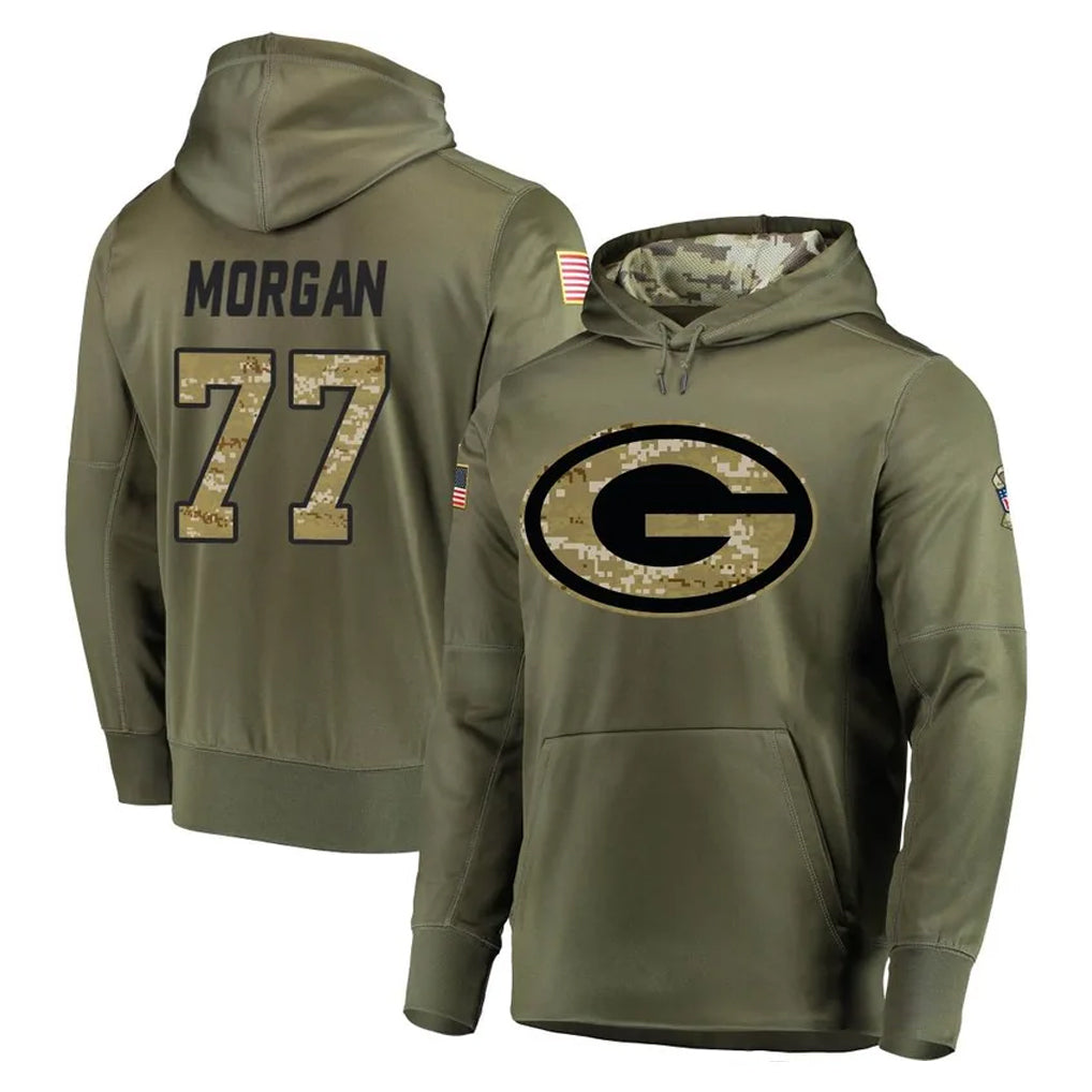 GB.Packers #77 Jordan Morgan Player Olive Salute to Service Pullover Hoodies Home Game Ndoa Stitched Jerseys