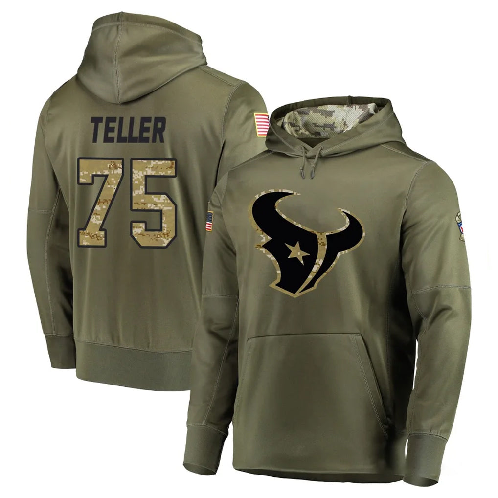 H.Texans #75 Wyatt Teller Player Olive Salute to Service Pullover Hoodies Home Game Ndoa Stitched Jerseys