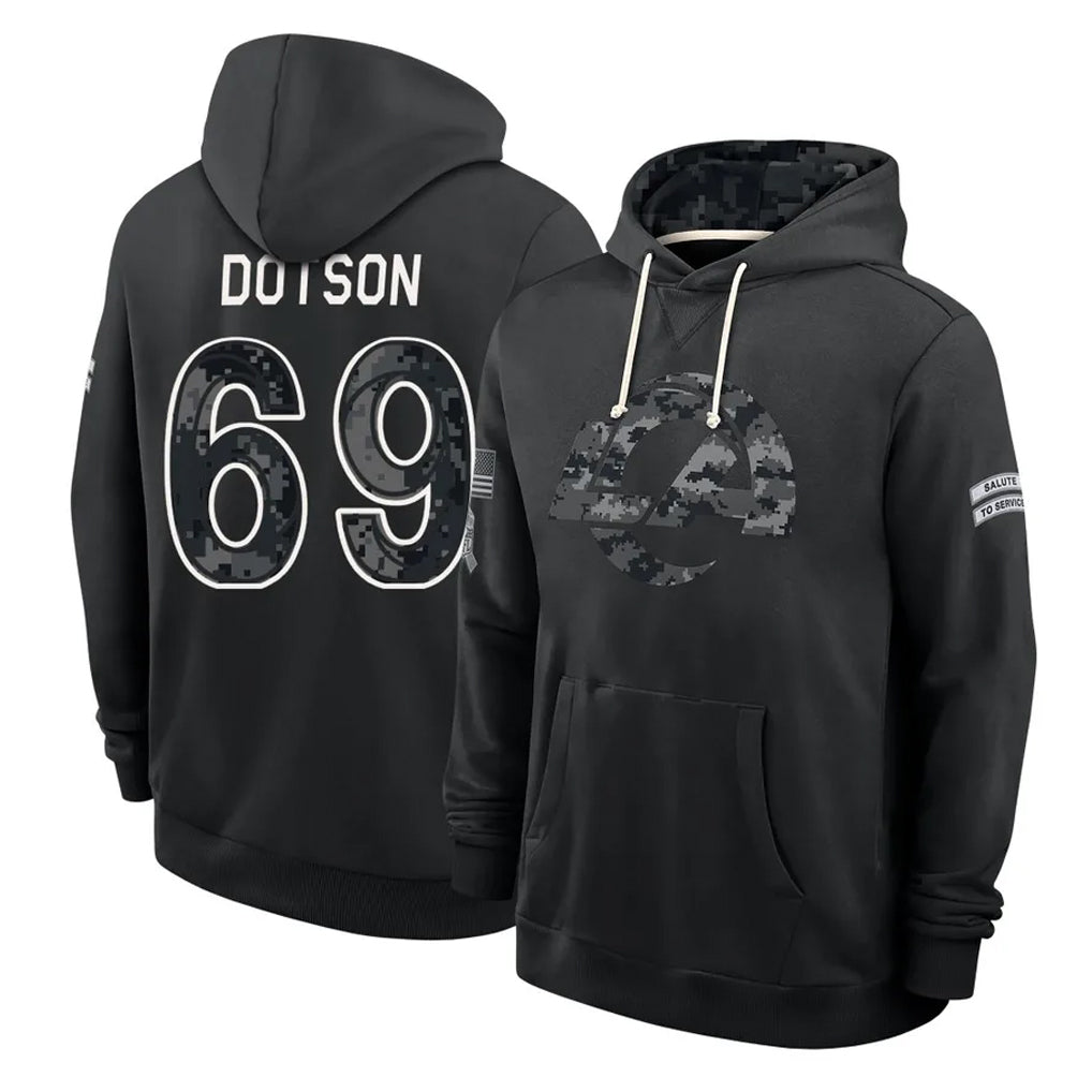 LA.Rams #69 Kevin Dotson Player 2026 Black Logo Pullover Hoodies Limited Game Ndoa Stitched Jerseys