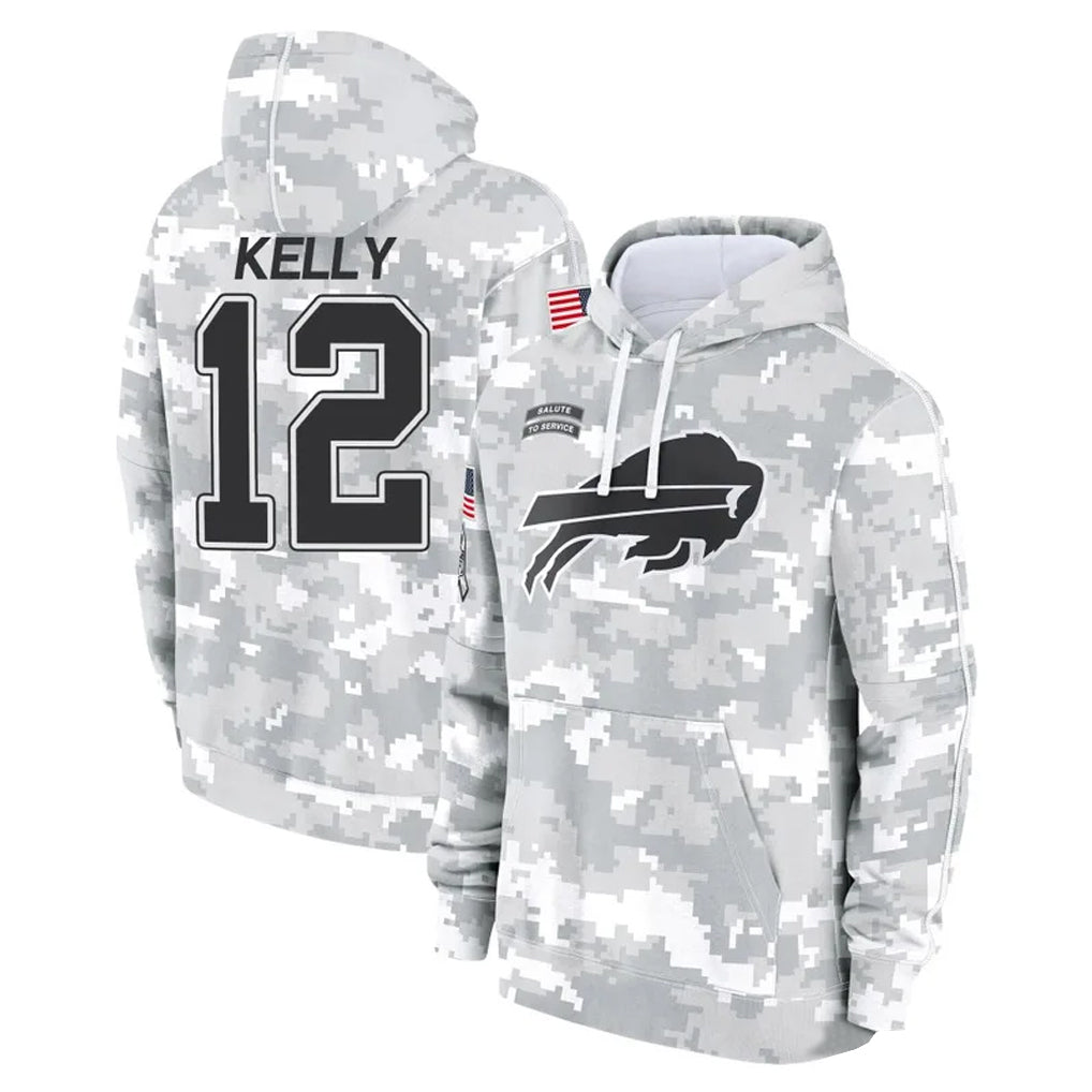 B.Bills #12 Jim Kelly Player Arctic Camo Salute to Service Hoodies Limited Ndoa Stitched Jerseys