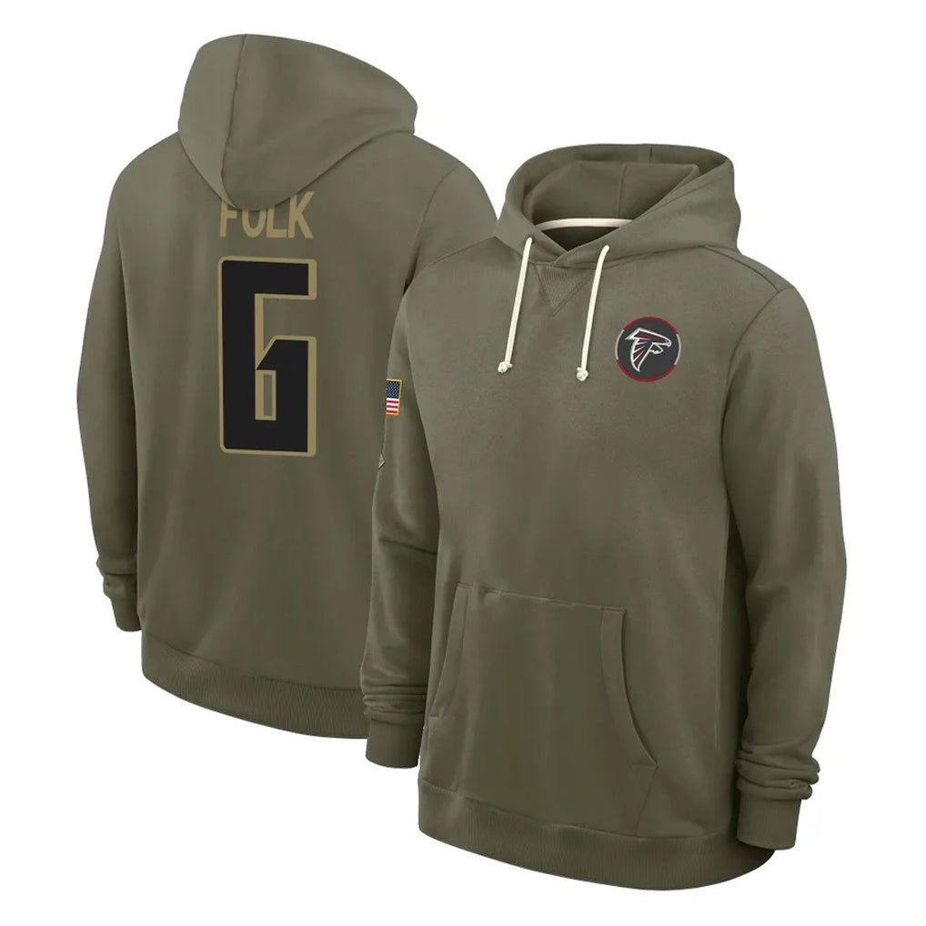 A.Falcons #6 Nick Folk Player Olive 2025 Salute to Service Hoodies Ndoa Stitched Jerseys