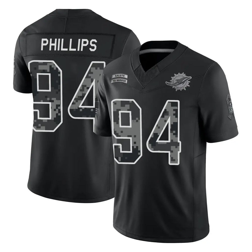 M.Dolphins #94 Jordan Phillips Player Black Limited 2026 Salute to Service Home Game Ndoa Stitched Jerseys