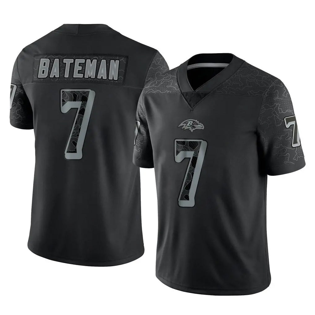 B.Ravens #7 Rashod Bateman Player Black REFLECTIVE Limited Ndoa Stitched Jerseys