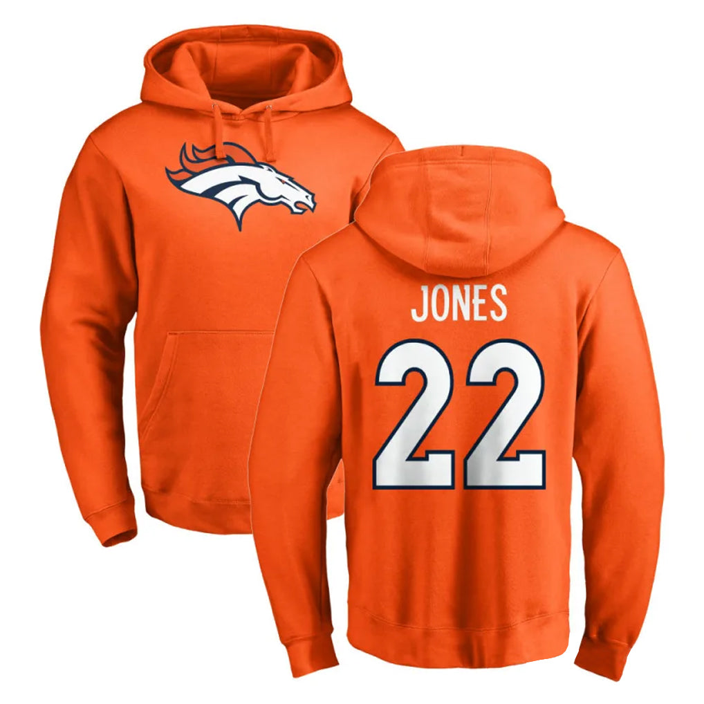 D.Broncos #22 Brandon Jones Player Orange Pullover Hoodie Limited Ndoa Stitched Jerseys