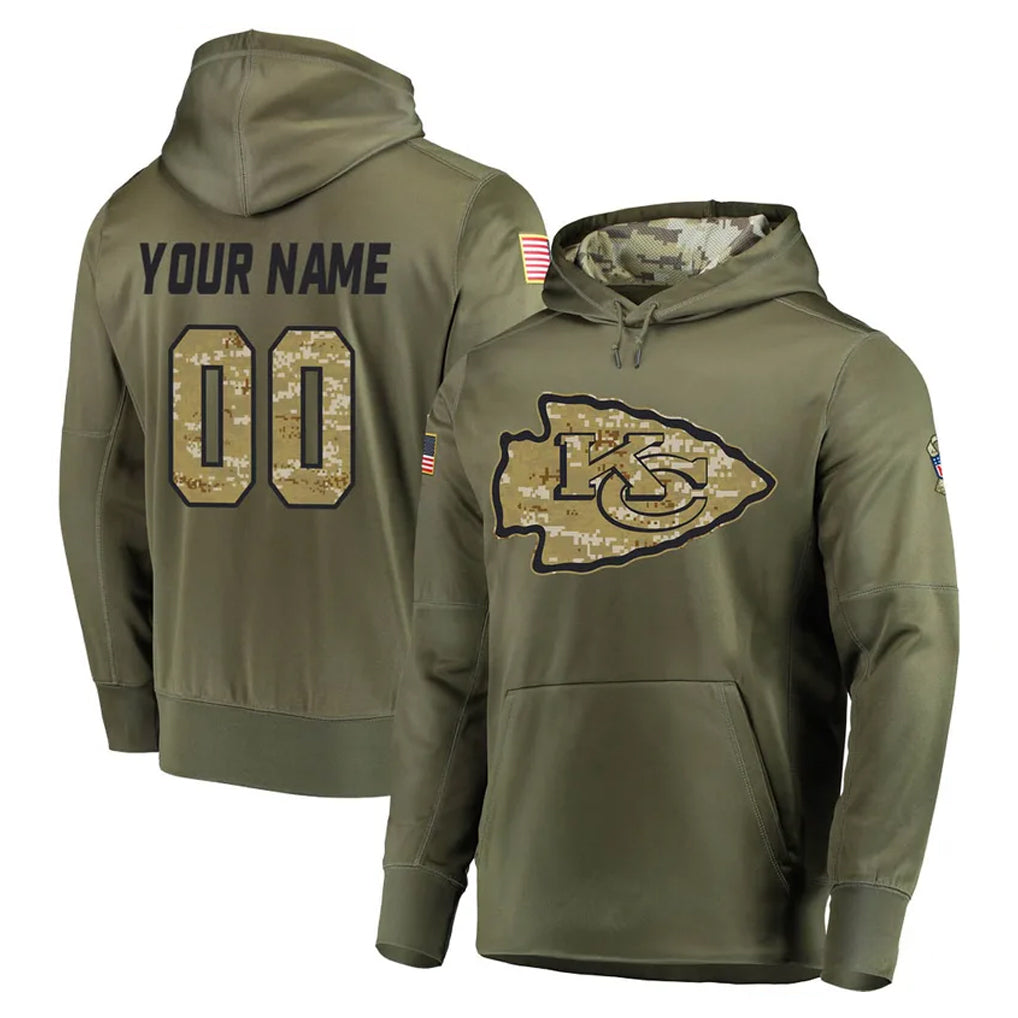 Custom KC.Chiefs Olive Salute to Service Pullover Hoodies Home Game Any Name & Numbers Ndoa Stitched Jerseys