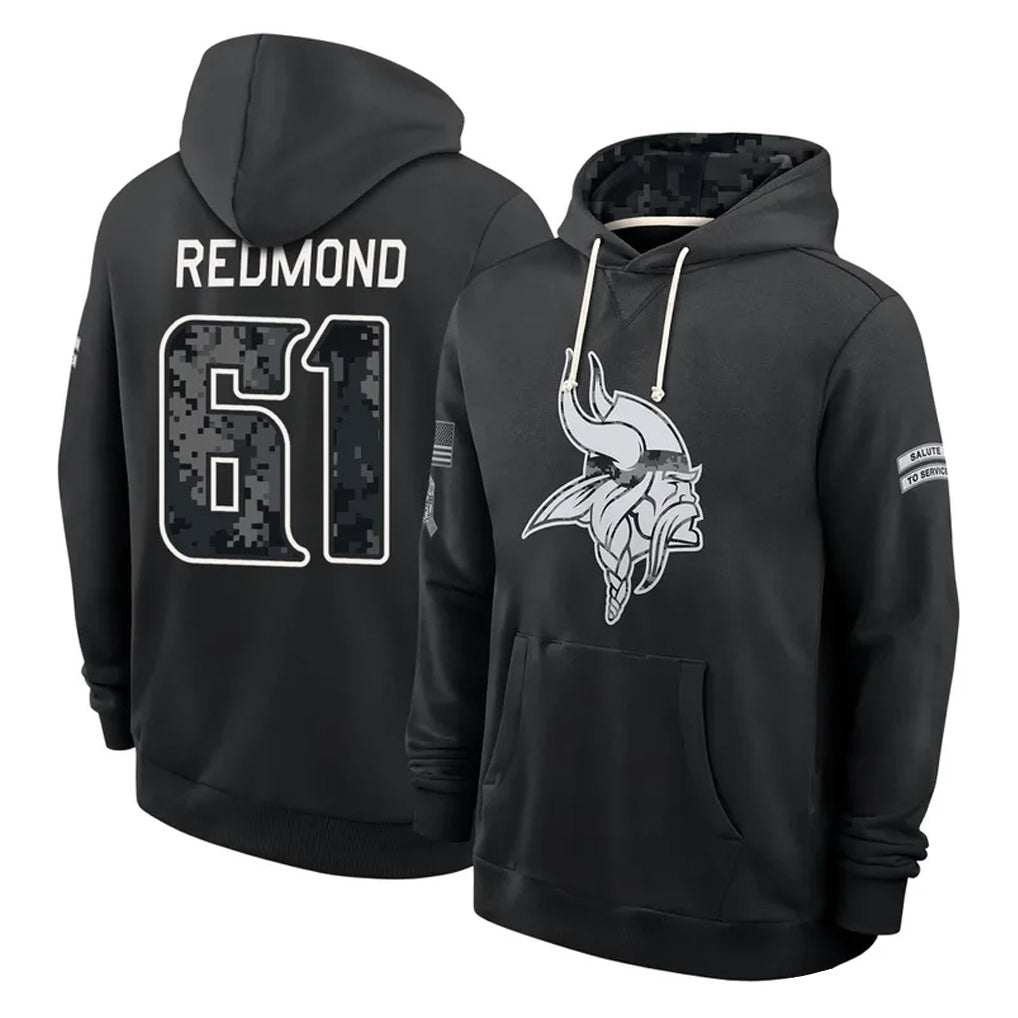 MN.Vikings #61 Jalen Redmond Player 2026 Black Logo Pullover Hoodies Limited Game Ndoa Stitched Jerseys