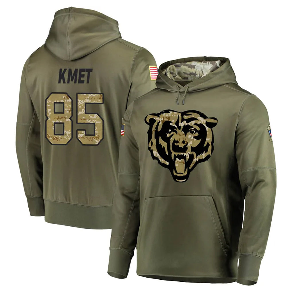C.Bears #85 Cole Kmet Player Olive Salute to Service Pullover Hoodies Home Game Ndoa Stitched Jerseys