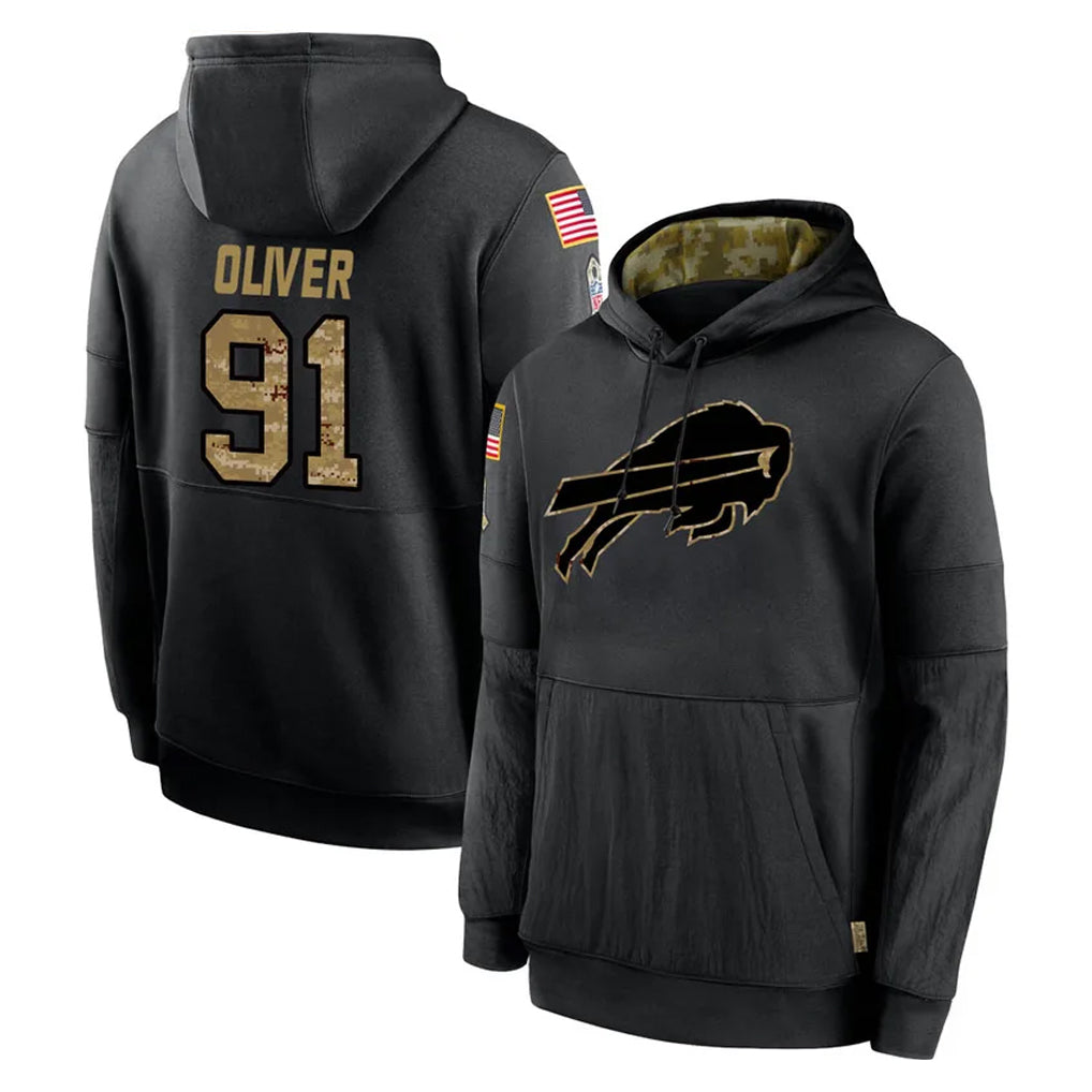 B.Bills #91 Ed Oliver Player Black Salute to Service Hoodies Stitched Jersey