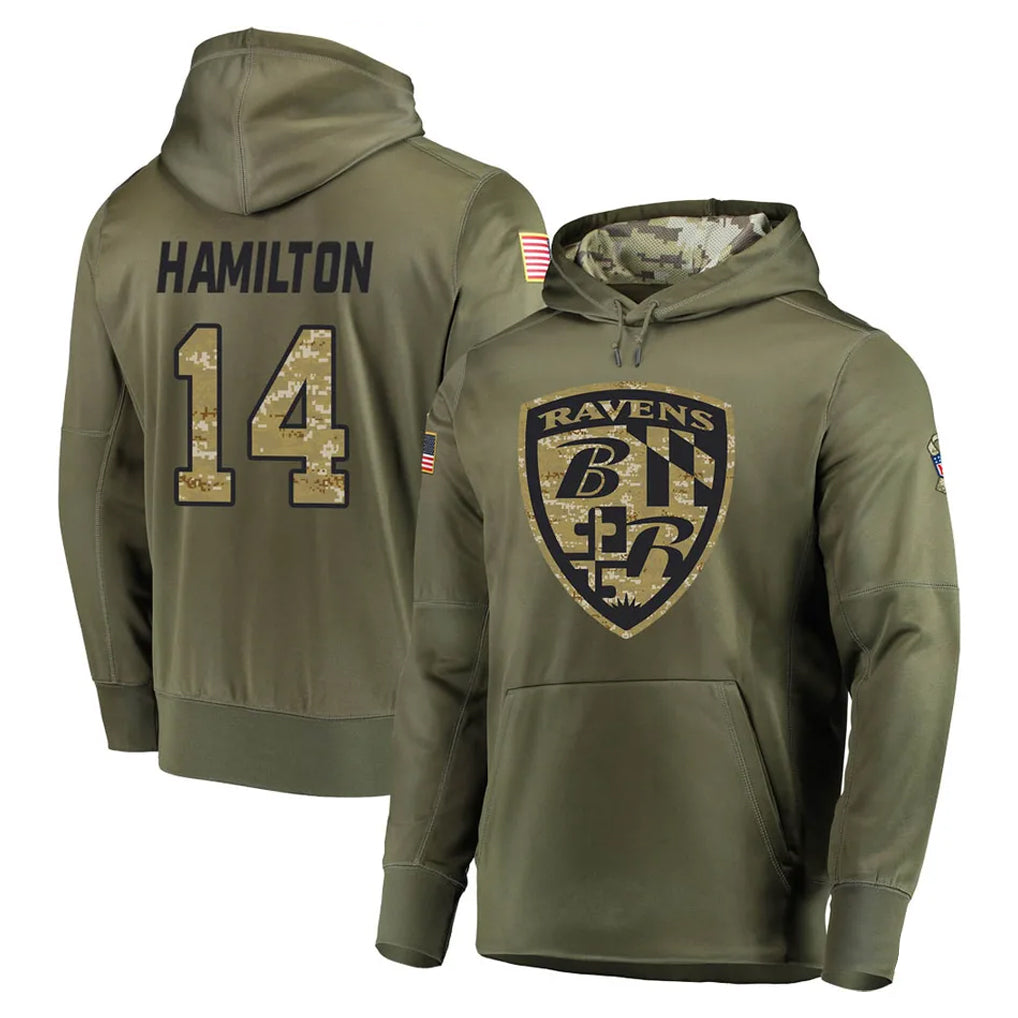 B.Ravens #14 Kyle Hamilton Player Olive Salute to Service Pullover Hoodie Ndoa Stitched Jerseys