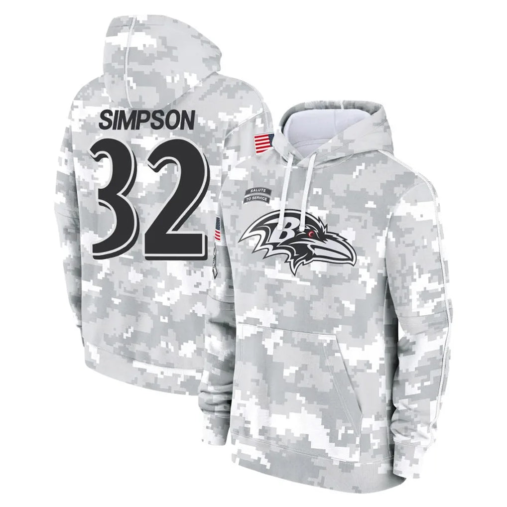 B.Ravens #32 Trenton Simpson Player Arctic Camo Salute to Service Pullover Hoodie Ndoa Stitched Jerseys