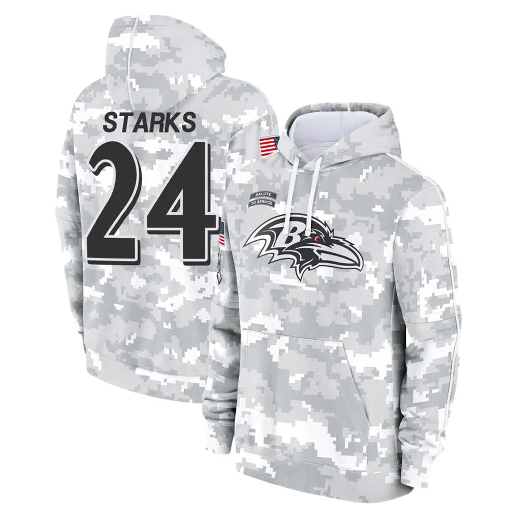 B.Ravens #24 Malaki Starks Player Arctic Camo Salute to Service Pullover Hoodie Ndoa Stitched Jerseys