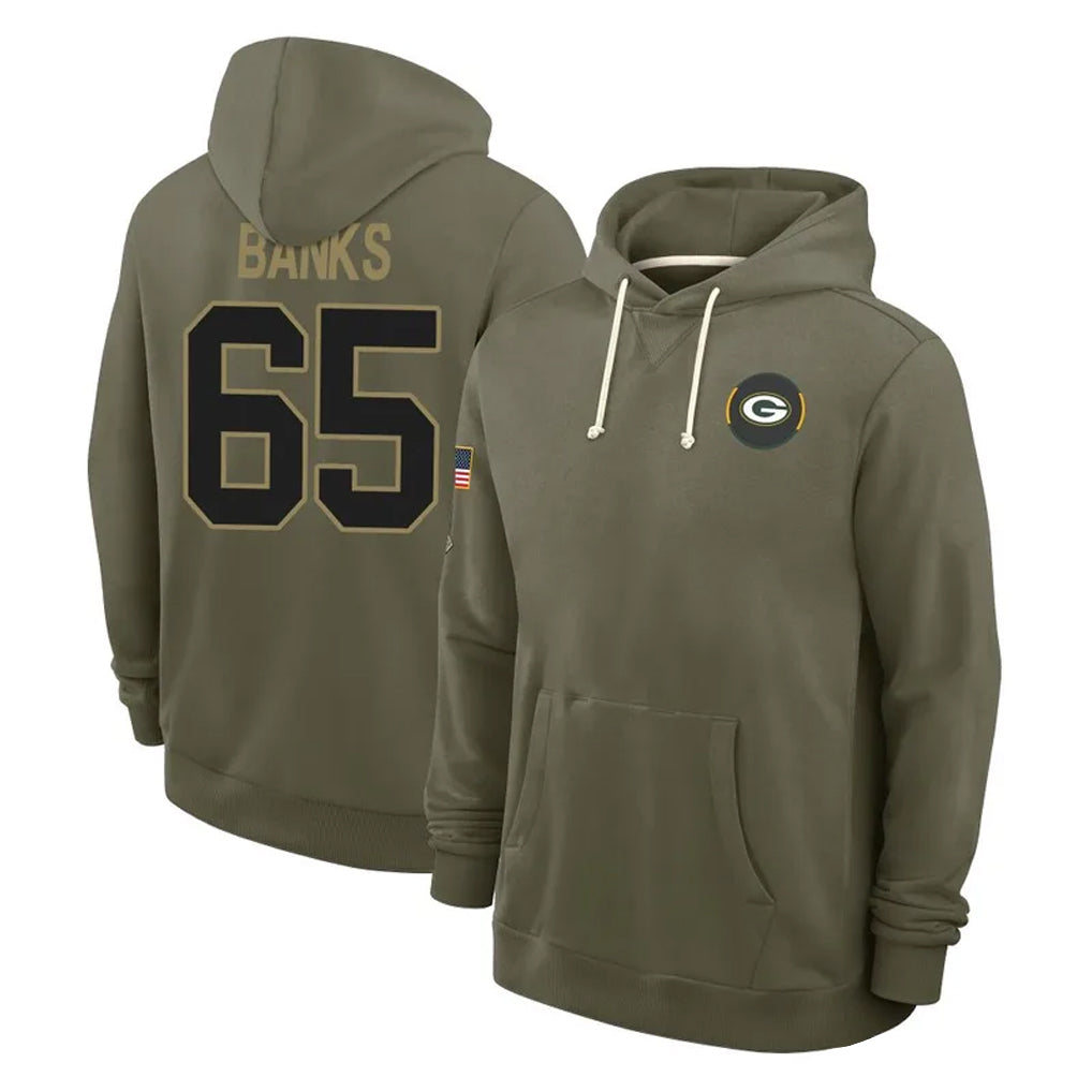 GB.Packers #65 Aaron Banks Player Olive Salute to Service Pullover Hoodies Limited Ndoa Stitched Jerseys