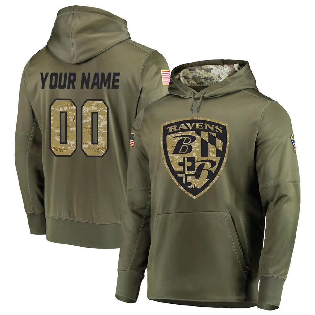 Custom B.Ravens Olive Salute to Service Pullover Hoodie Any Name & Numbers Ndoa Stitched Jerseys