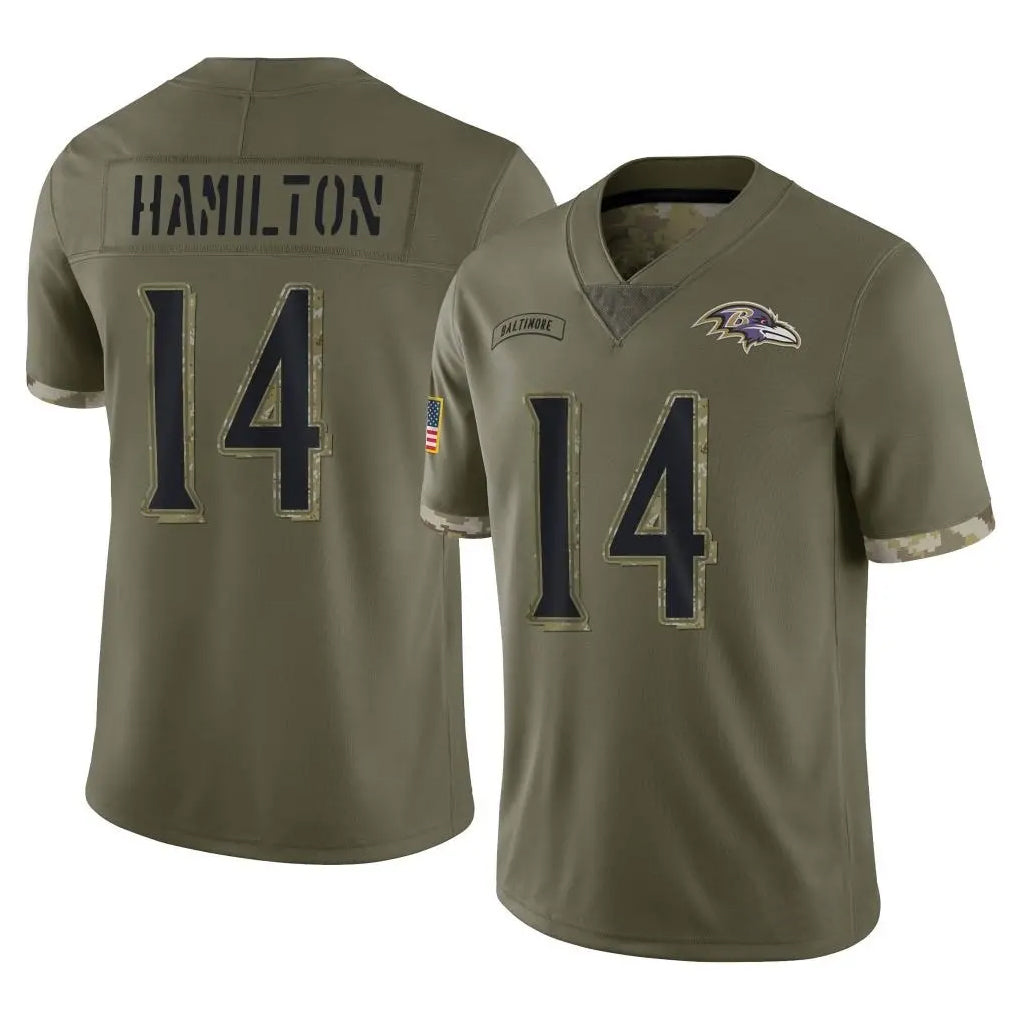 B.Ravens #14 Kyle Hamilton Player Olive Salute To Service Game Ndoa Stitched Jerseys
