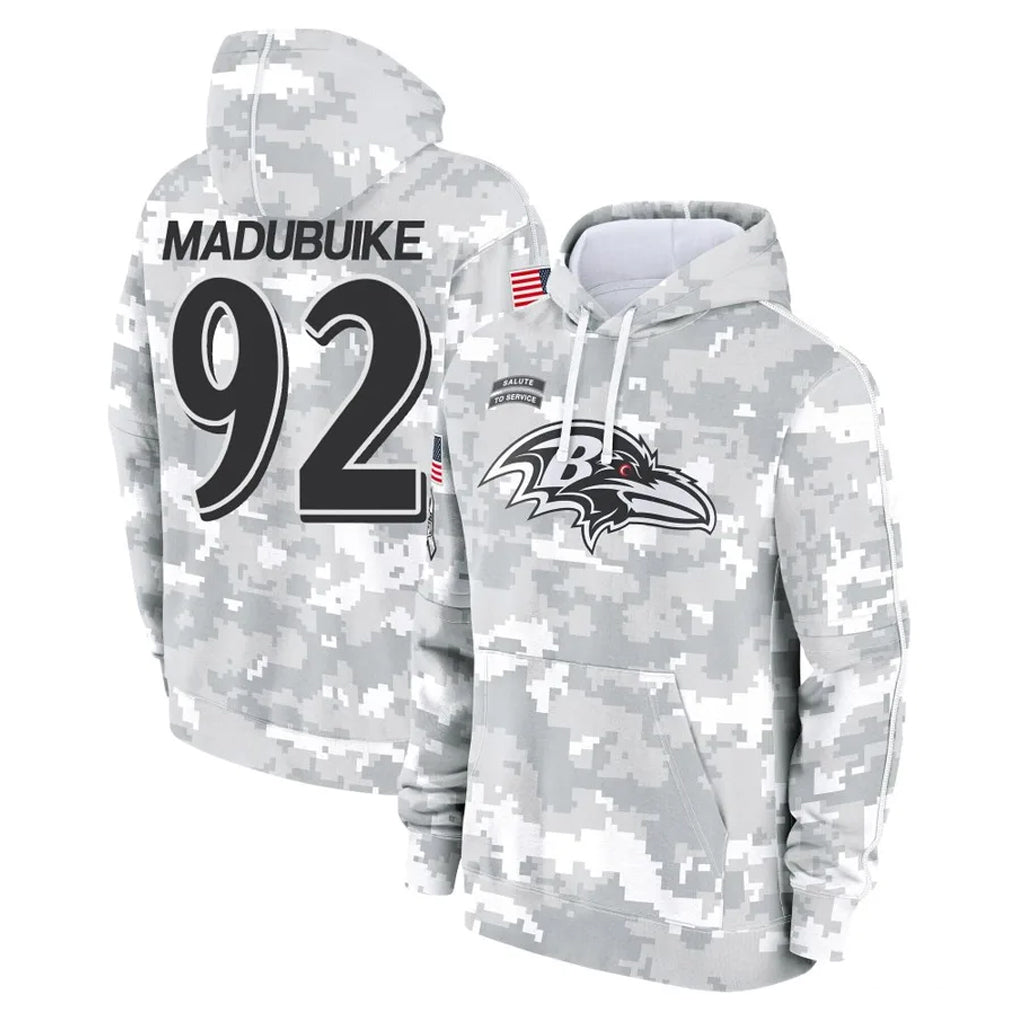 B.Ravens #92 Nnamdi Madubuike Player Arctic Camo Salute to Service Pullover Hoodie Ndoa Stitched Jerseys