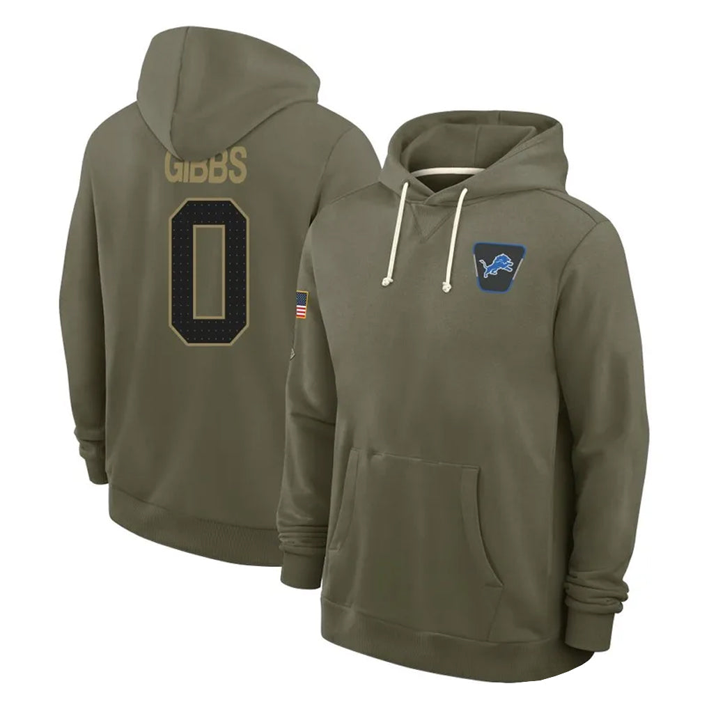 D.Lions #0 Jahmyr Gibbs Player Olive Salute to Service Pullover Hoodies Limited Ndoa Stitched Jerseys