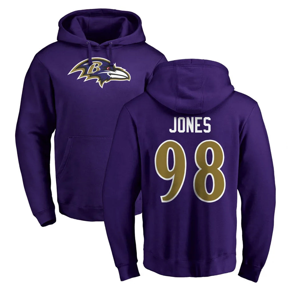 B.Ravens #98 Travis Jones Player Purple Salute to Service Pullover Hoodie Ndoa Stitched Jerseys