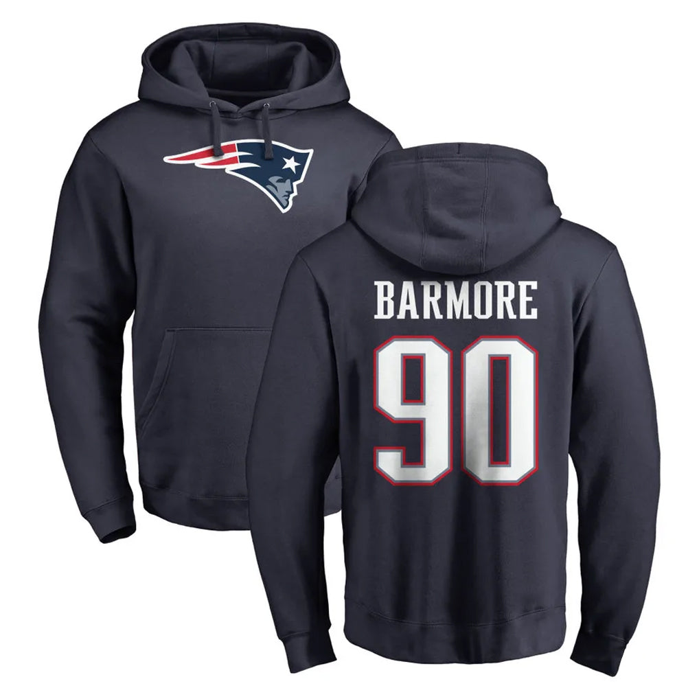 NE.Patriots #90 Christian Barmore Player Navy LOGO Pullover Hoodies Home Game Ndoa Stitched Jerseys