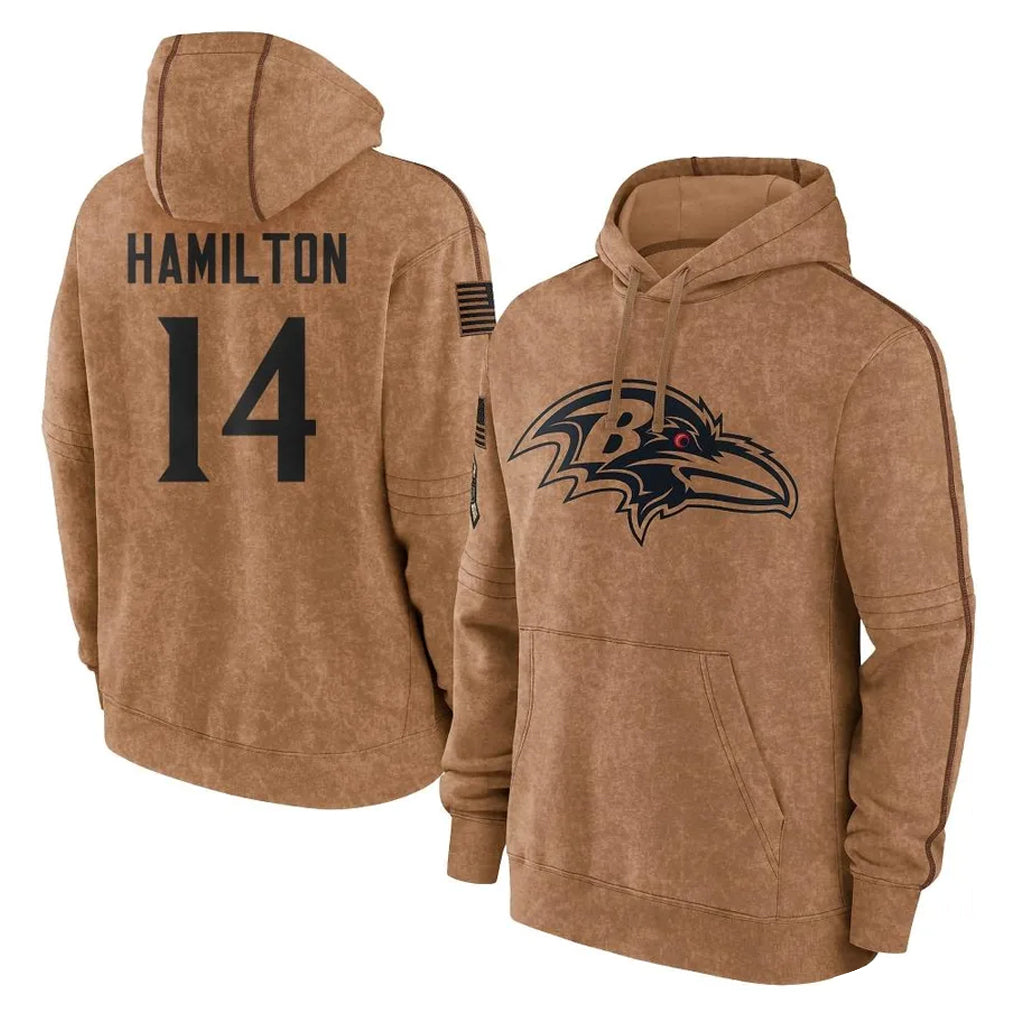 B.Ravens #14 Kyle Hamilton Player Brown Salute to Service Pullover Hoodie Ndoa Stitched Jerseys