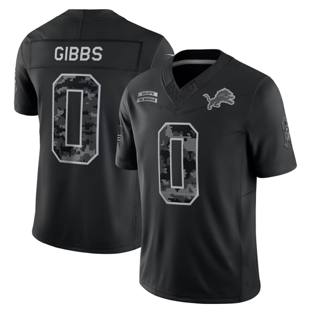 D.Lions #0 Jahmyr Gibbs Player Black Limited 2026 Salute to Service Home Game Ndoa Stitched Jerseys
