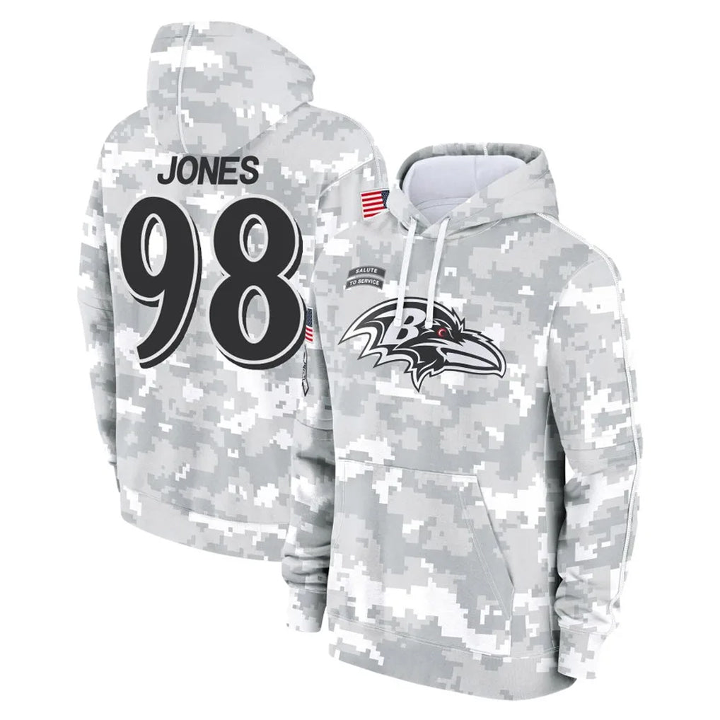 B.Ravens #98 Travis Jones Player Arctic Camo Salute to Service Pullover Hoodie Ndoa Stitched Jerseys