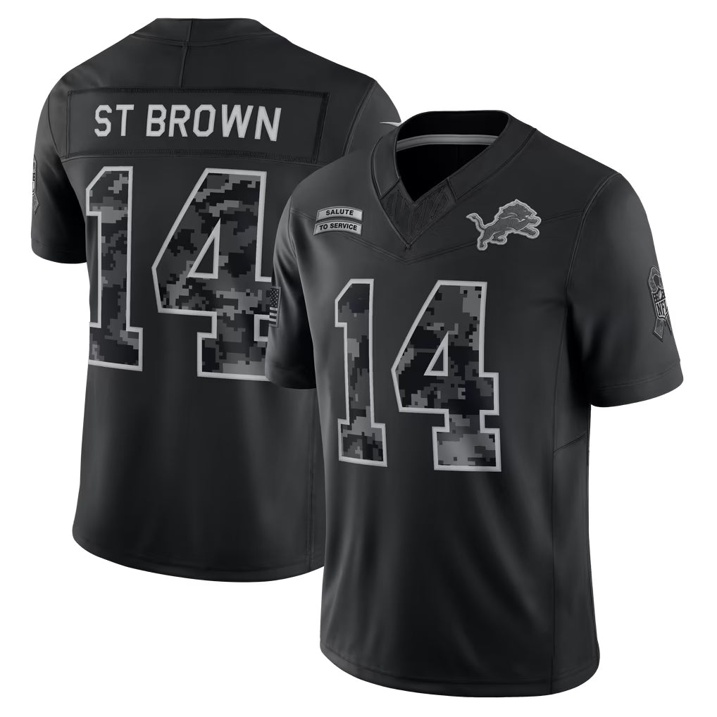 D.Lions #14 Amon-Ra St. Brown Player Black Limited 2026 Salute to Service Home Game Ndoa Stitched Jerseys