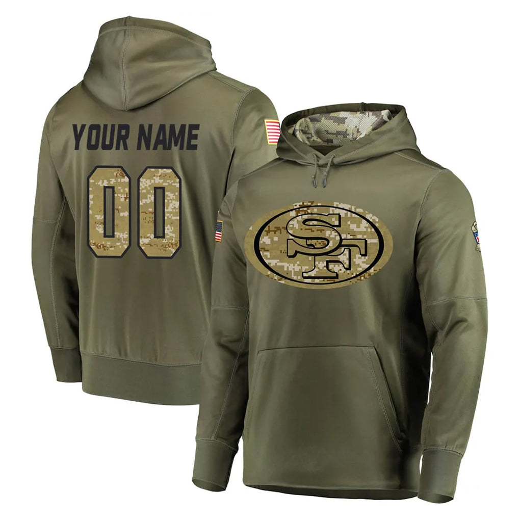 Custom SF.49ers Olive Salute to Service Pullover Hoodie Home Game Any Name & Numbers Ndoa Stitched Jerseys