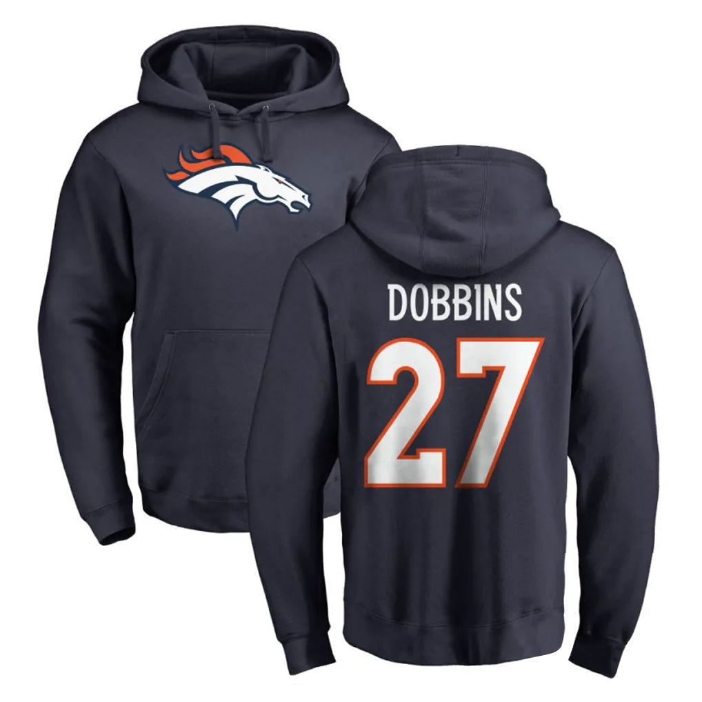 D.Broncos #27 J.K. Dobbins Player Navy Pullover Hoodie Limited Ndoa Stitched Jerseys