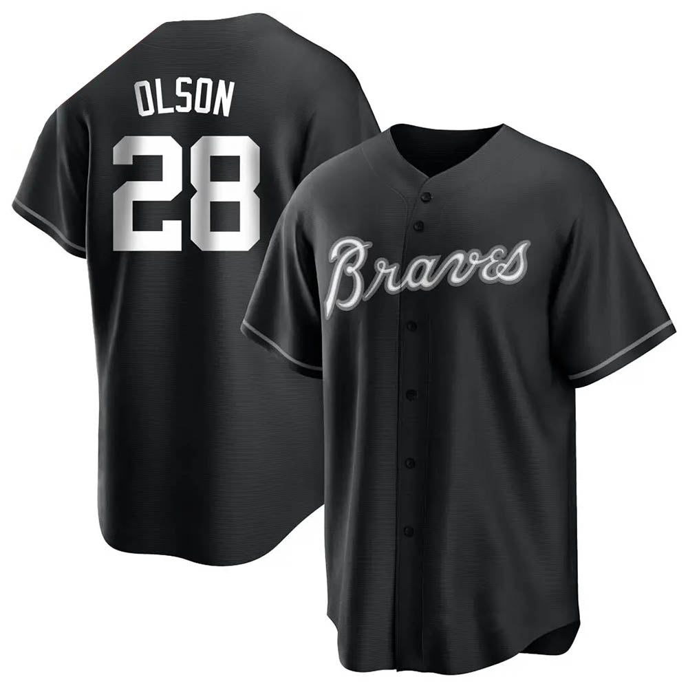 Ndoa A.Braves #28 Matt Olson Player Black&White Replica Stitched Jerseys