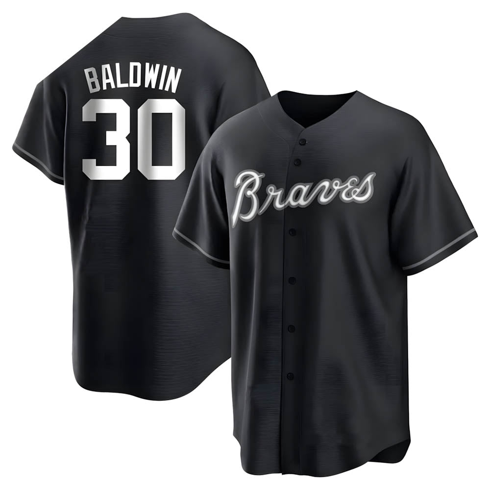Ndoa A.Braves #30 Drake Baldwin player Black&White Replica Stitched Jerseys