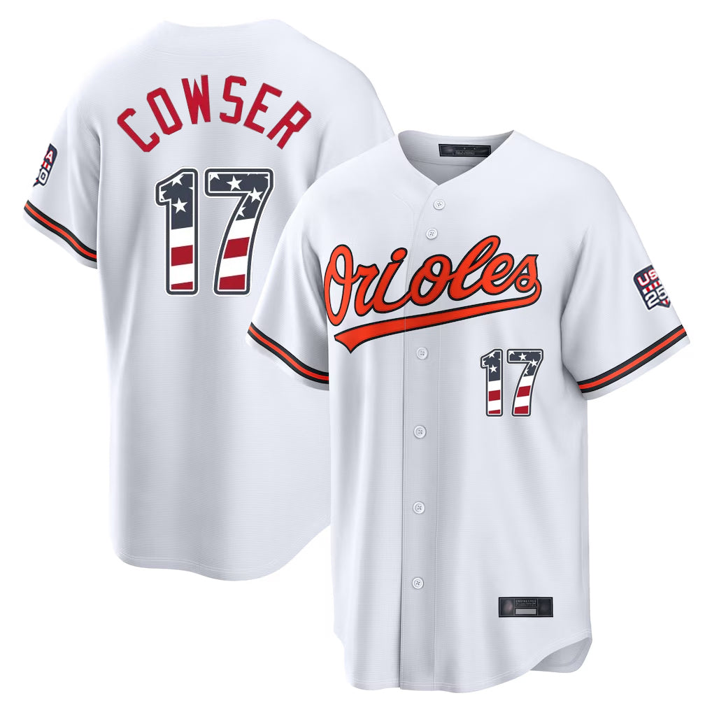 Ndoa B.Orioles #17 Colton Cowser Player White USA 250 Fourth of July Home Game Stitched Jerseys