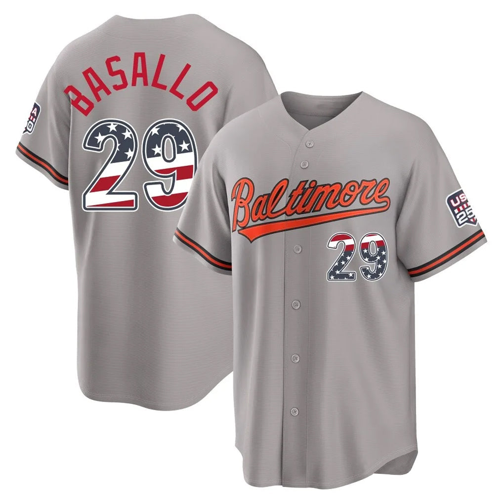Ndoa B.Orioles #29 Samuel Basallo Player Gray USA 250 Fourth of July Home Game Stitched Jerseys