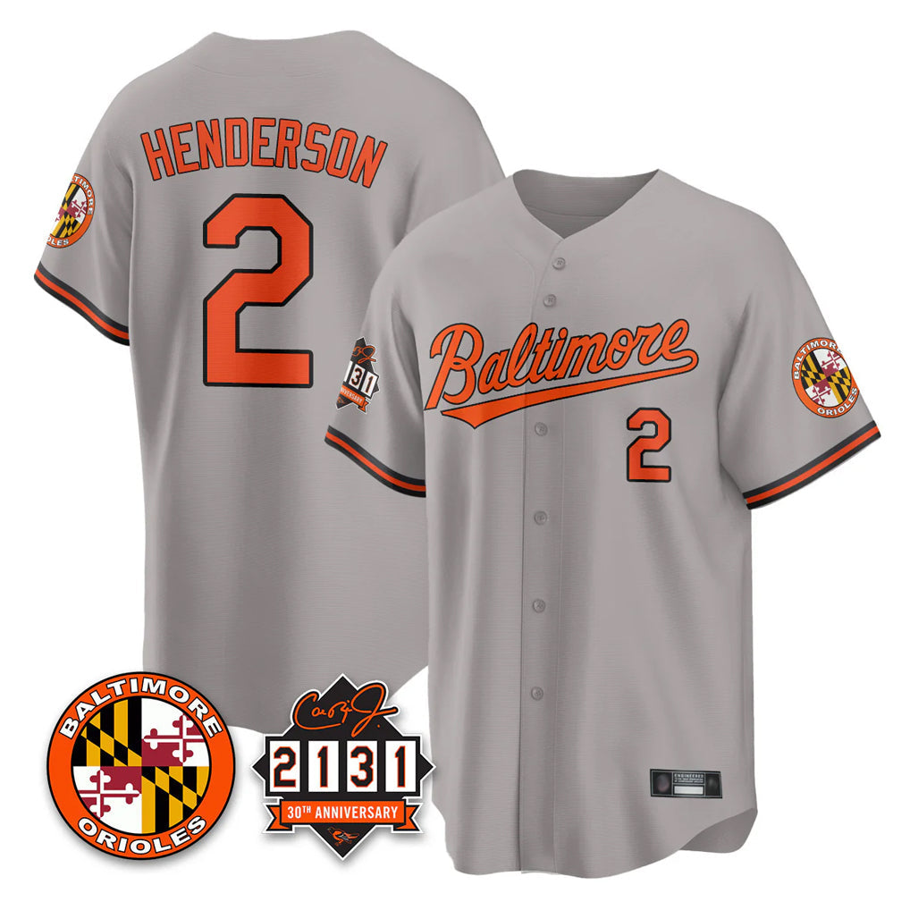 Ndoa B.Orioles #2 Gunnar Henderson Player Gray 30th Anniversary of 2131 Home Game Stitched Jerseys