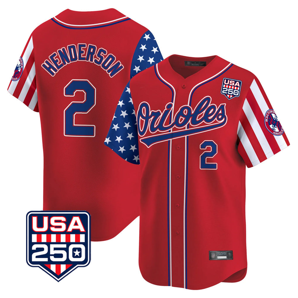 Ndoa B.Orioles #2 Gunnar Henderson Player Red USA 250 Independence Day Vapor Premier Limited Home Game Stitched Jerseys