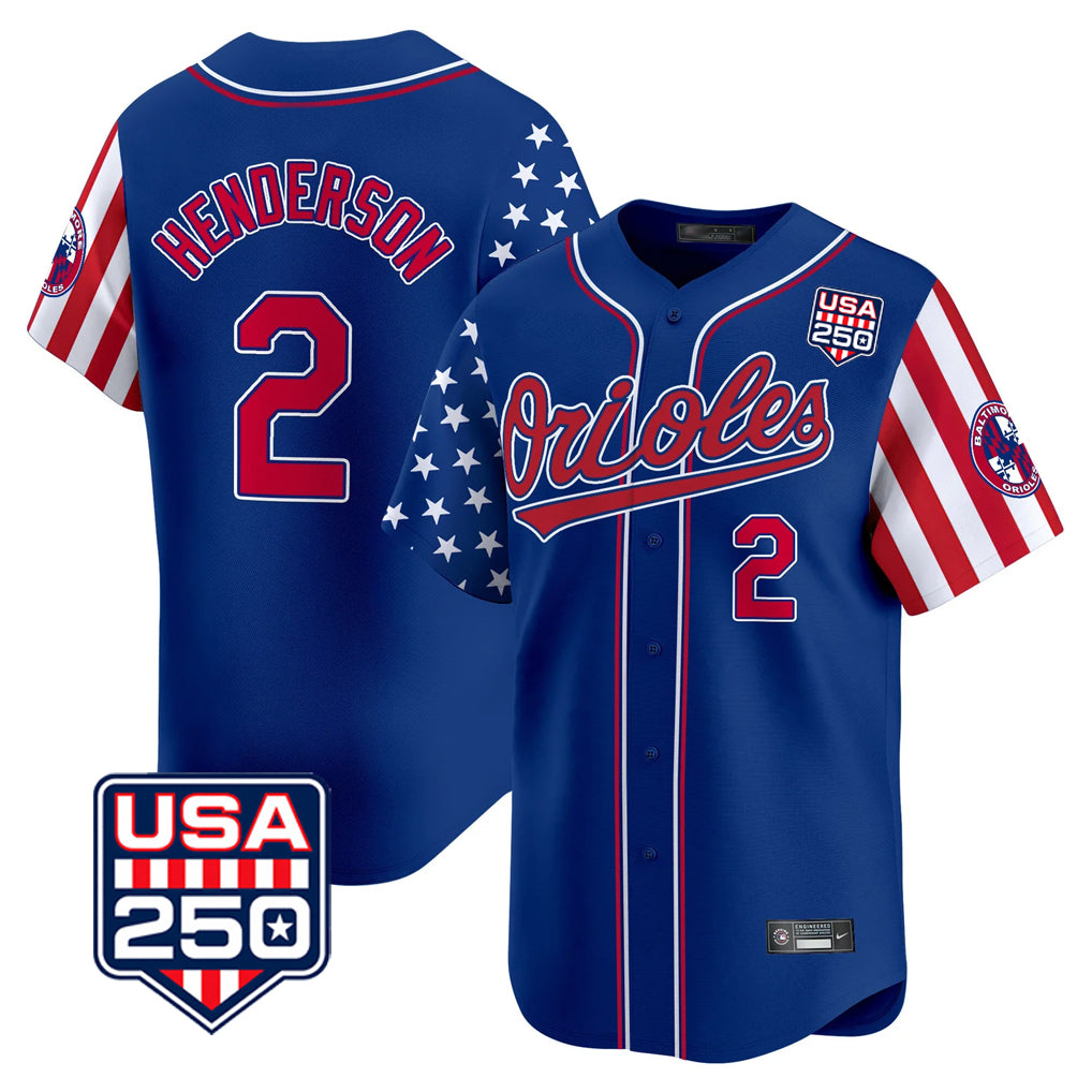 Ndoa B.Orioles #2 Gunnar Henderson Player Royal USA 250 Independence Day Vapor Premier Limited Home Game Stitched Jerseys